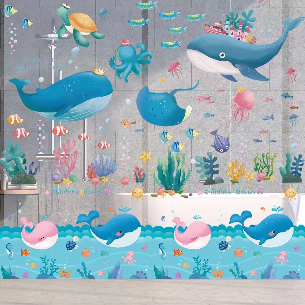 

Cartoon underwater world wall stickers self-adhesive children's room kindergarten glass stickers waterproof bathroom bathroom