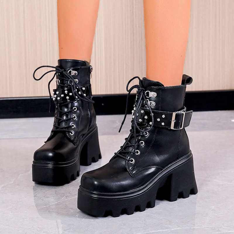Botas de plataforma gruesa Punk para mujer, Botines de tacón grueso con correas de hebilla, Otoño Invierno| | - AliExpress