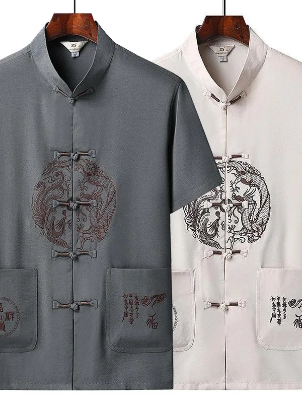 

Tang Suit Men's Summer Thin Short Sleeve Chinese Style Ice Silk Suit Middle Age and Old Age Morning Exercise Suit Pan Button