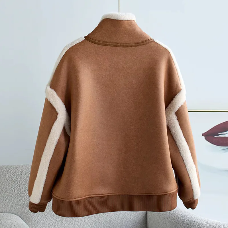 Wool Jacket Women Winter New Long-sleeved Zipper Pocket Thickened Warm Overwear Casual Fashion Streetwear Outerwear
