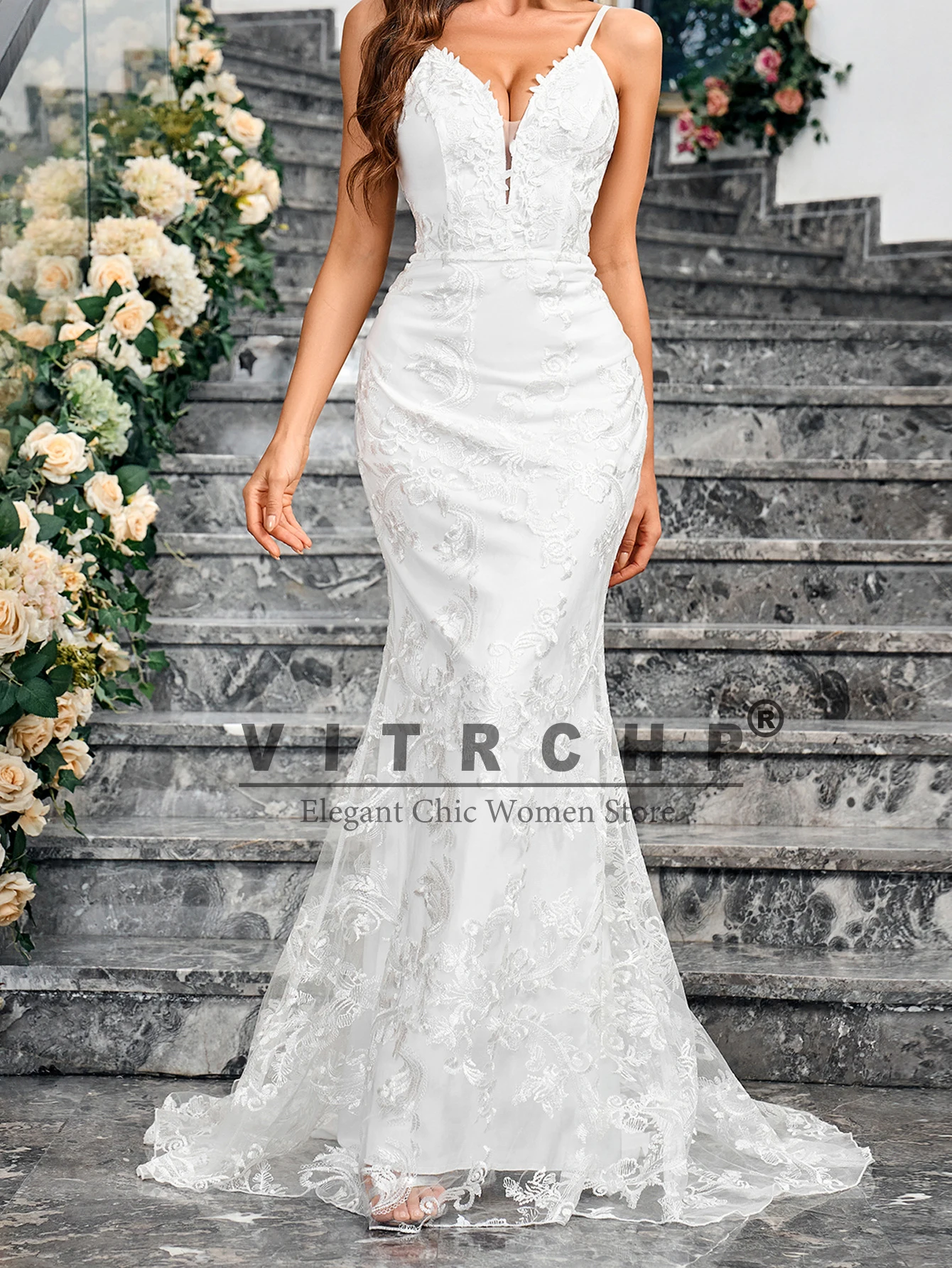 Sleeveless V Neck Sequined Mermaid White Wedding Party Dress Backless Floor Length Evening Prom Gown wedding dresses evening dresses