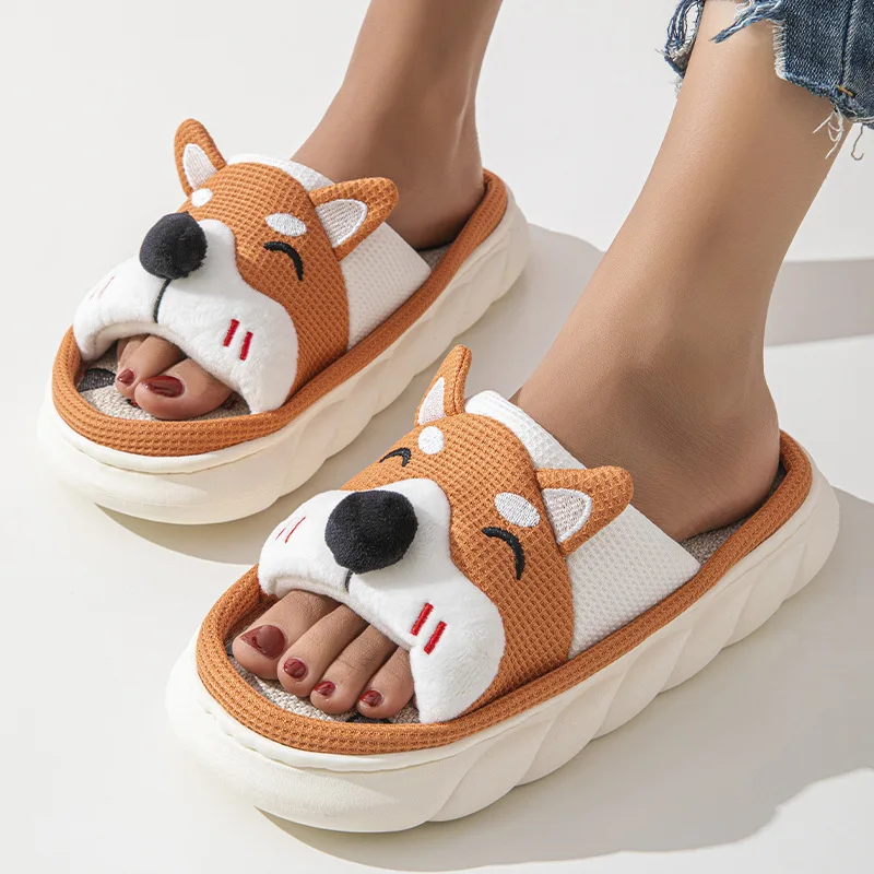 Linen Platform Slippers Women Home Cute Cartoon Dog Designer Shoes Girls Fashion Casual House Slipper Ladies Elegant Open Toe 5