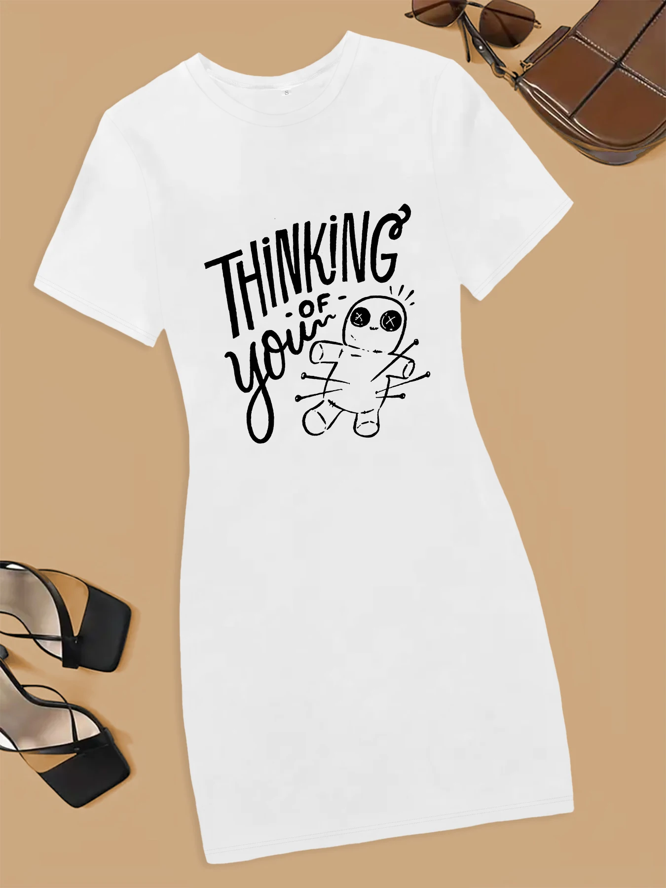 

Thinking of Your Cute Cartoon Print Short Dress Women Fashion Simply All-match Casual Dress for Daily Wear