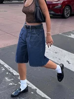 Casual Comfort Wide Leg Denim Shorts Women's Solid Minimalist Pleated Slant Pocket Bermuda Knee Length Jorts Summer Mom Shorts - Image 4