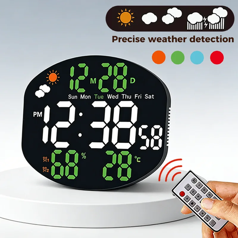 Digital Wall Clock with Remote Control, Weather Station, Dual Alarms, Temperature & Humidity Display