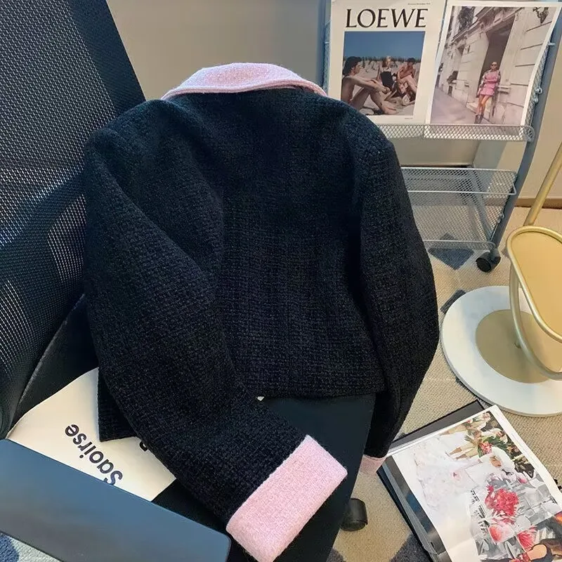 Korean Cropped Tweed Jacket Women 2023 Spring Autumn Turn Down Collar Vintage Outwear Ladies Office Work Single Breasted Coat