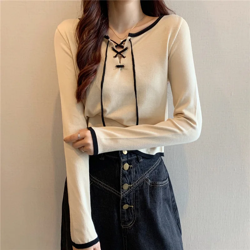 Women Autumn Lace Up Long Sleeve Cropped Sweater