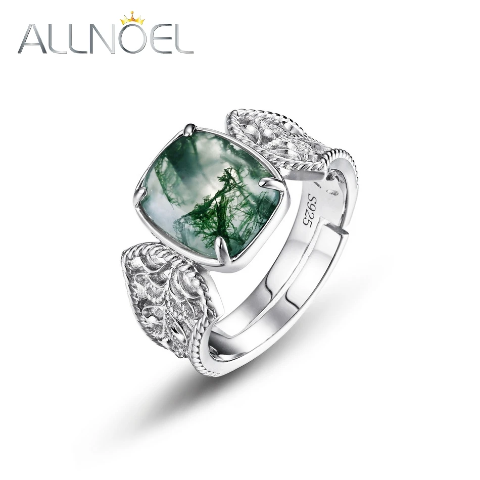 

ALLNOEL 925 Sterling Silver Rings For Women Natural 8*10mm Green Moss Agate Original Classic Vintage Wedding Band Fine Jewelry