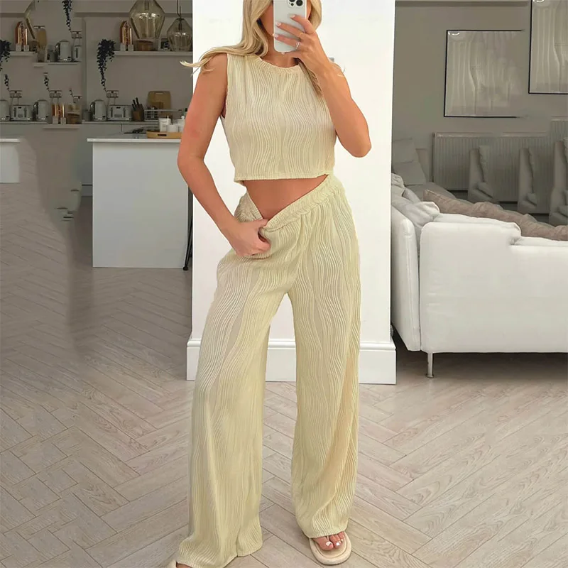 Sleeveless Tank O Neck Cropped Tees Tops Ladies 2 Piece Pants Set Summer Outfit Solid Color Loose Casual Fashion Women Clothing