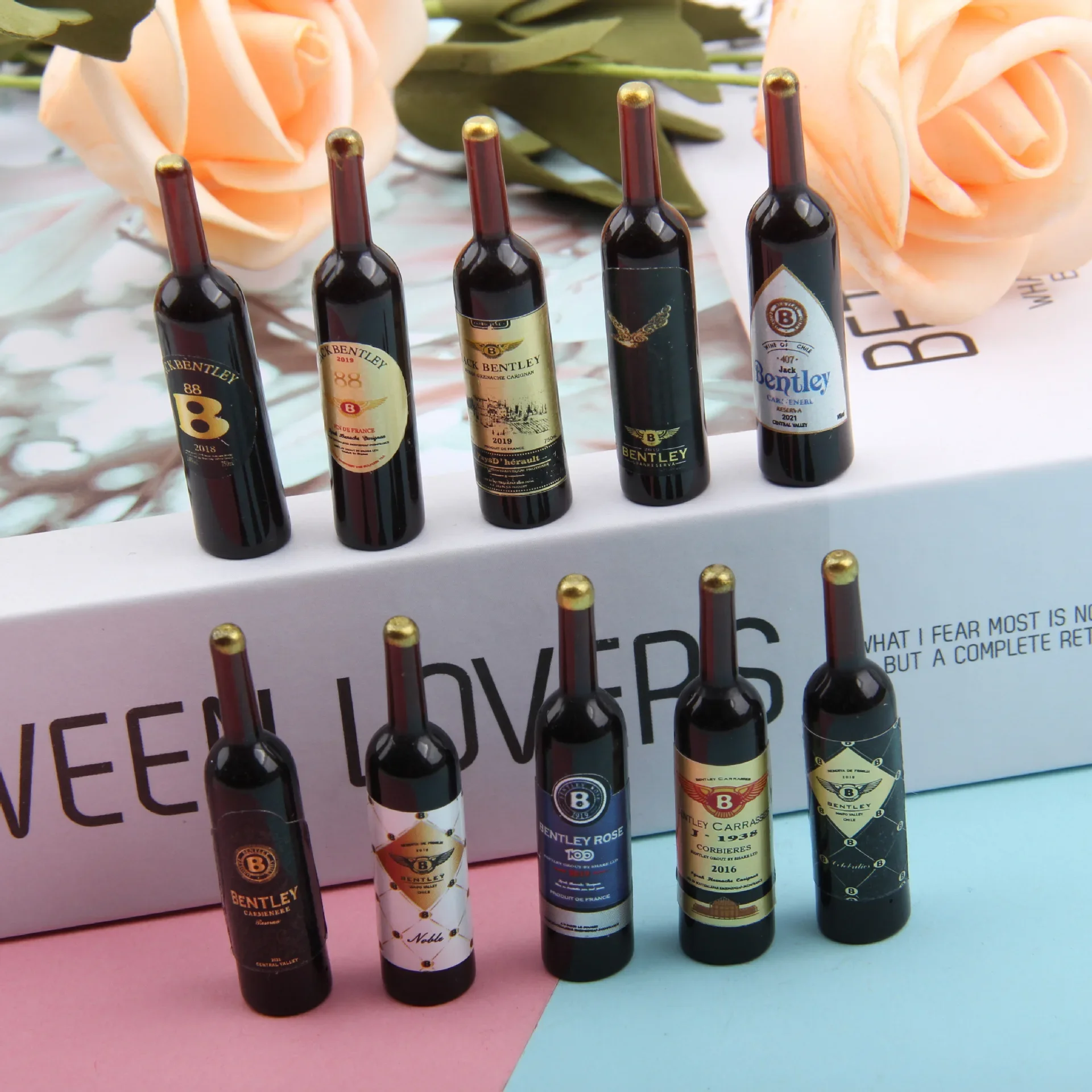 10-Piece Miniature Whisky and Wine Bottle Set for Dollhouse Bar or Kitchen Decor