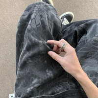 Men Canvas Snake Print Camouflage slim fit Jeans High Street Wash Loose Denim Pants Casual Youth Streetwear Khaki Trousers