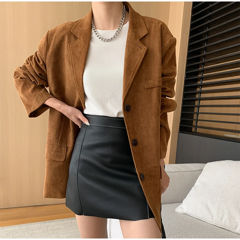 Casual Suede Long Sleeve Jackets Women Autumn Loose Brown Lapel Coat Top With Pockets Female Elegant Chic Street New in Outwear