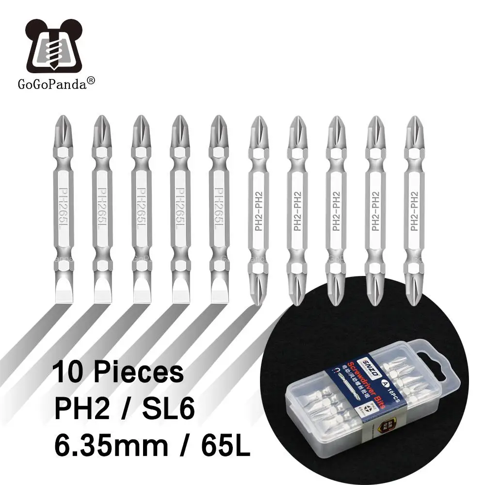 10Pcs/lot PH2 Phillips Bits Double End Hex Shank 65mm Electric