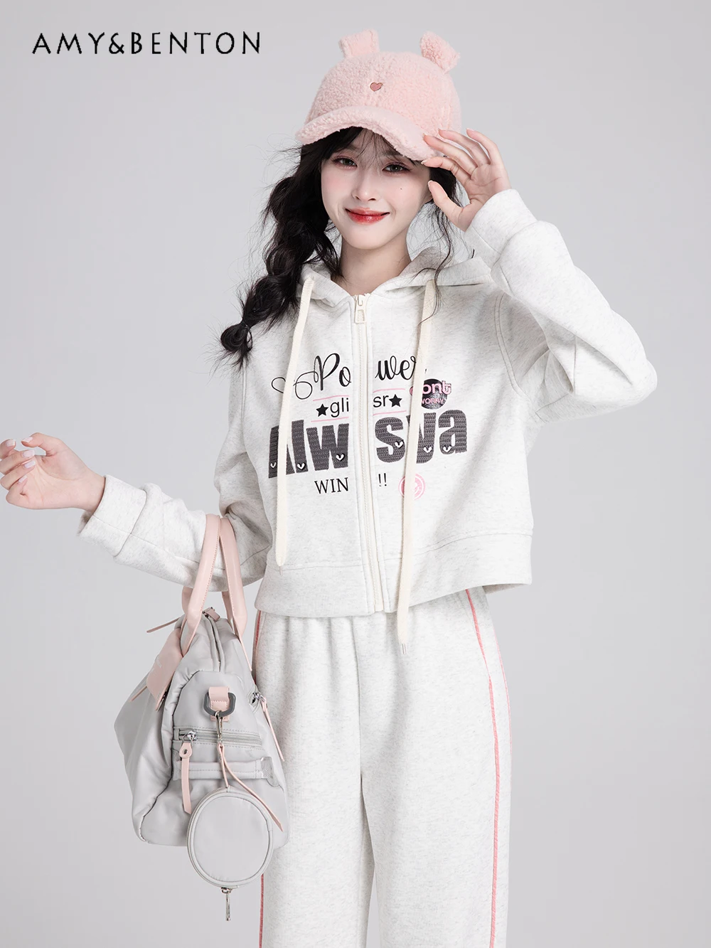 Sweet Casual Sports Sweater Outfits Women Early Spring New Preppy Style Kawaii Printed Hoodies Slim Long Pants Two-Piece Sets