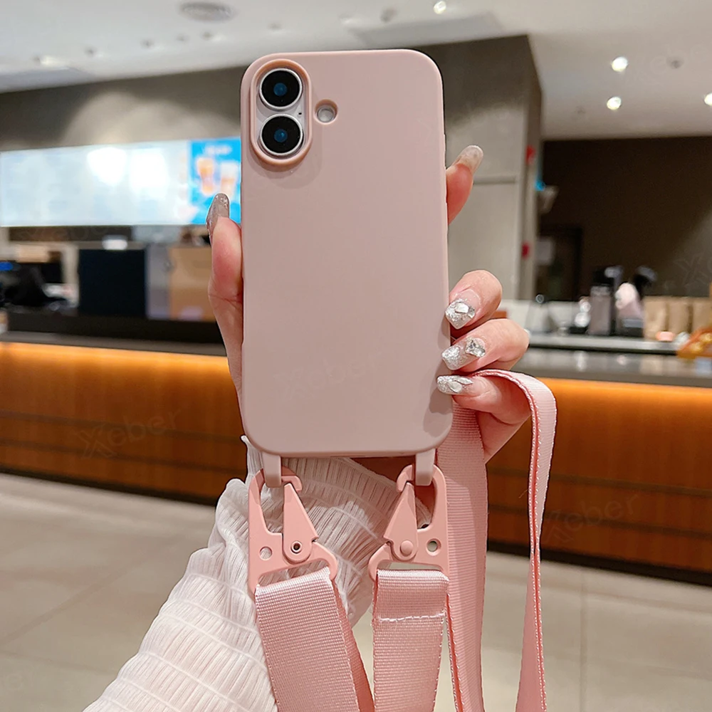 Étui de téléphone en silicone mat avec lanière large et collier bandoulière pour iPhone 16 15 14 Pro Max 13 12 11 XR XS MAX Housse mate antichoc_voghion.com