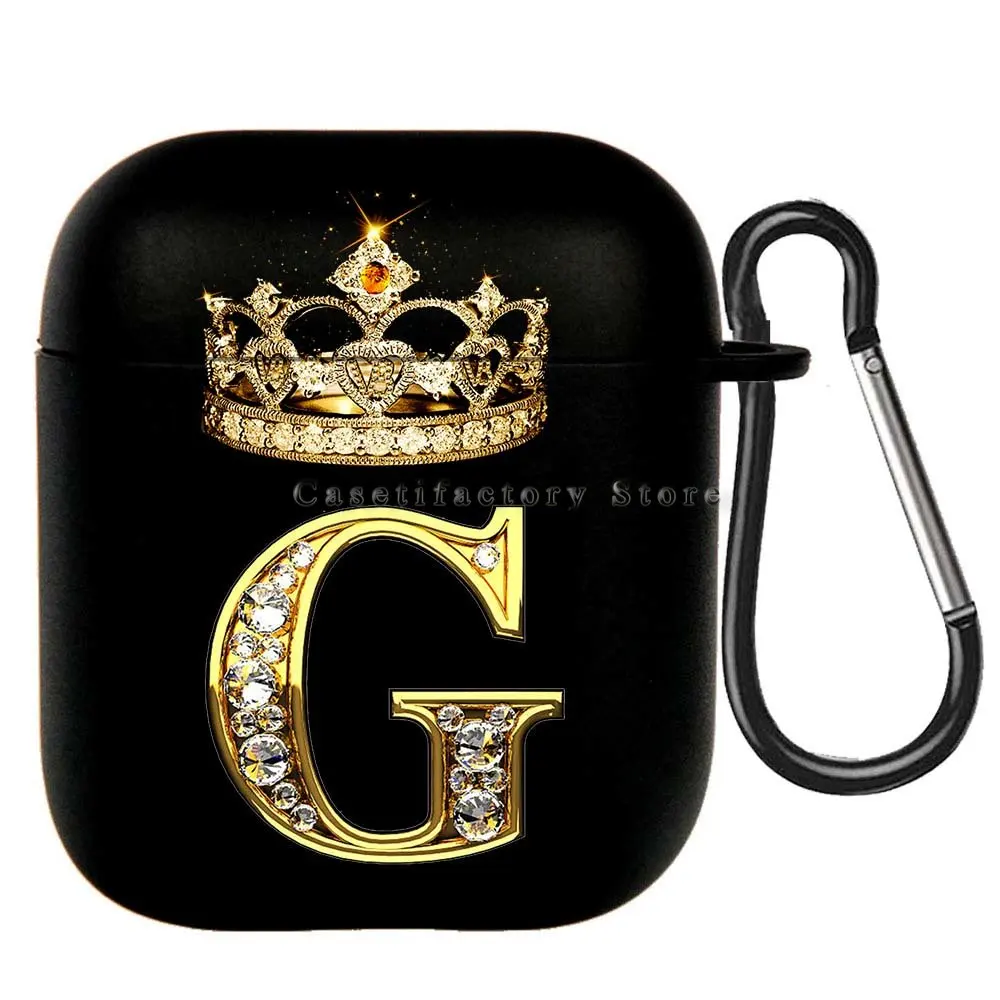 Elegant Diamond Crown Initial AirPods Case - Black Wireless Bluetooth Earphone Cover