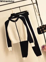Casual O-neck Patchwork Sweater 2 Piece Set Slim Women Zipper Sueter Tops Conjuntos Mom Jogger Knitwear Pant Ensembles New