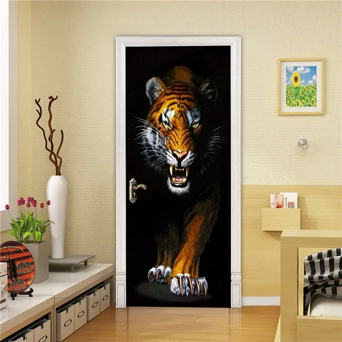 

3D Vision Tiger Door Sticker Animal PVC Wallpaper Waterproof Self Adhesive for Living Room Bedroom Decor Removable Wall Decal