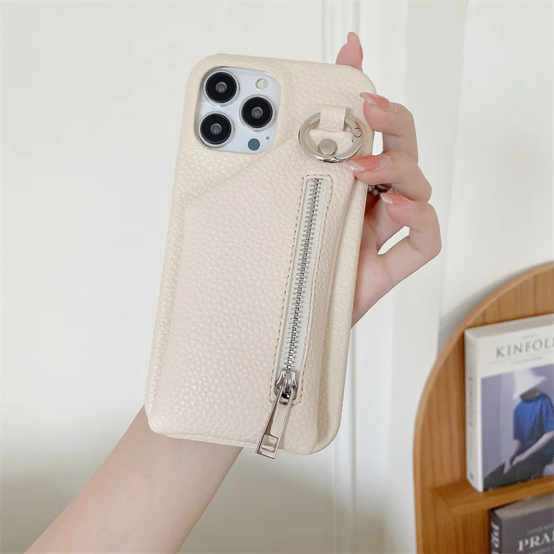 Lychee PU Leather Wallet Cover with Zipper and Stand