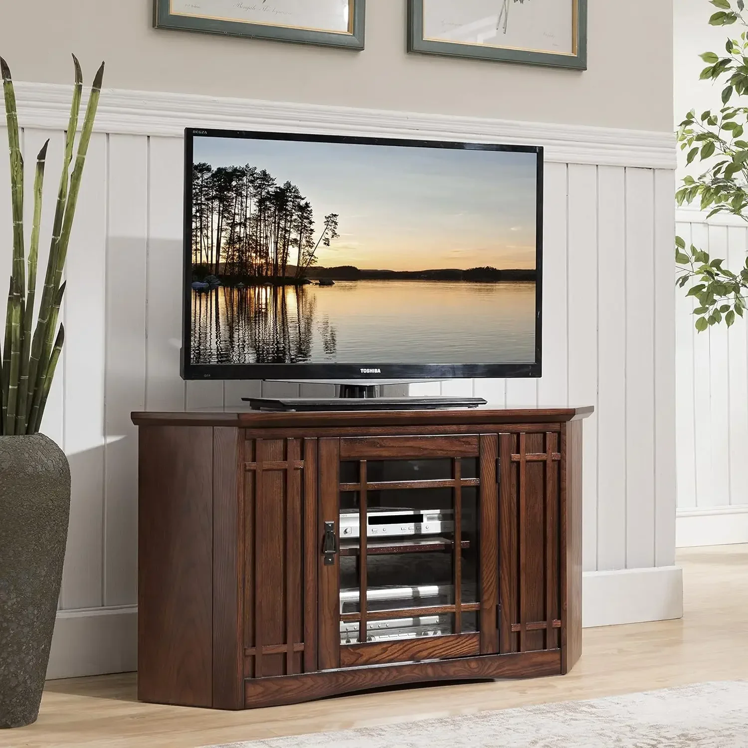 NEW-82285 Mission Corner TV Stand Made from Solid Wood, One Door and Adjustable Shelf, for 50" TVs, Mission Oak