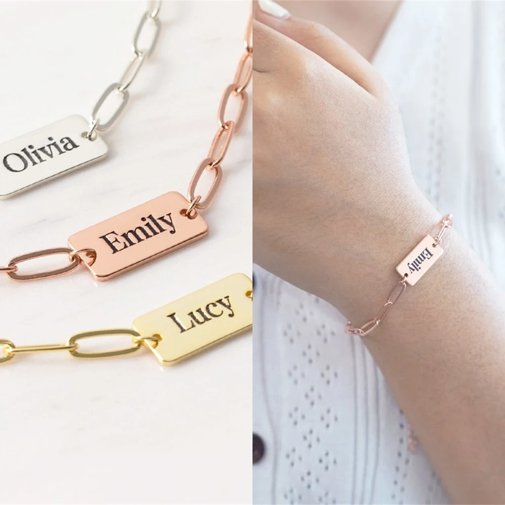 Custom Sculpture Name for Women Men Gold Color Silver Stainless Steel Paperclip Chain Bracelet Dainty Women Charm Jewelry Gift