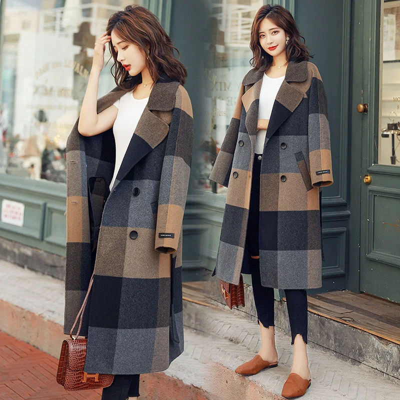 

Women's Fashion Long Plaid Coat Autumn Winter Woolen Coats Streetwear Women Clothing Loose Coat Female Casual Jacket