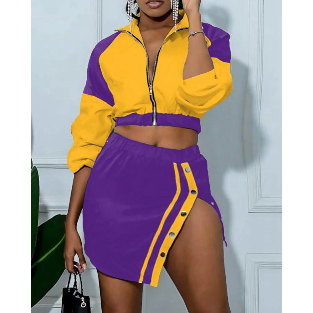 Women Colorblock Patchwork Zipper Design Long Sleeve Top Coat & Buttoned Design Bodycon Mini Skirt Set Two Pieces Skirts Suit mens zaful men s colorblock oakland embroidered button design fuzzy polar fleece pullover sweatshirt s sky blue