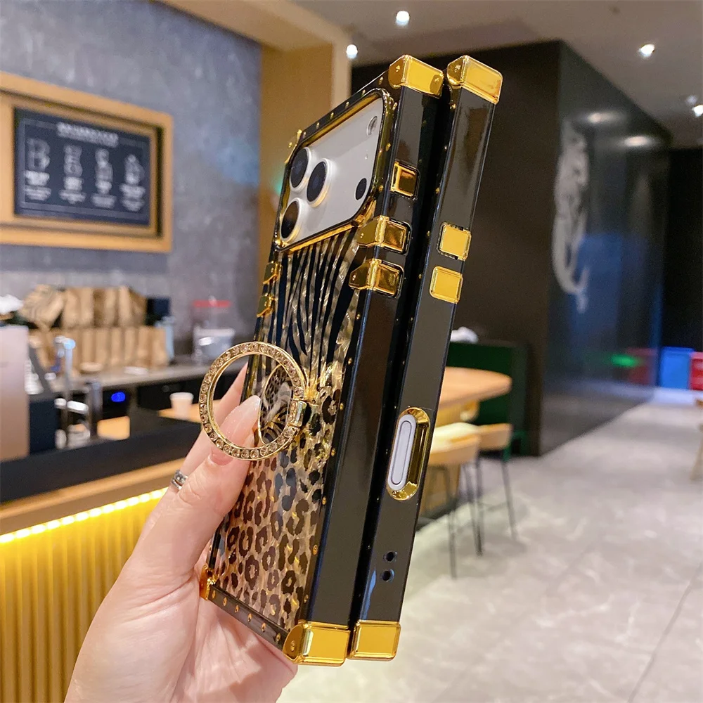 Luxury Leopard Gold Plating Glitter Case with Diamond Ring Stand Cover