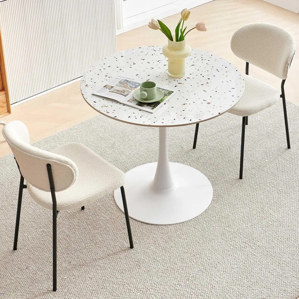 3 Pieces Tulip Dining Set, 35 Inch Sintered Stone Marble Round Dining Table and Chairs Set for 2, White Boucle Open Back 3