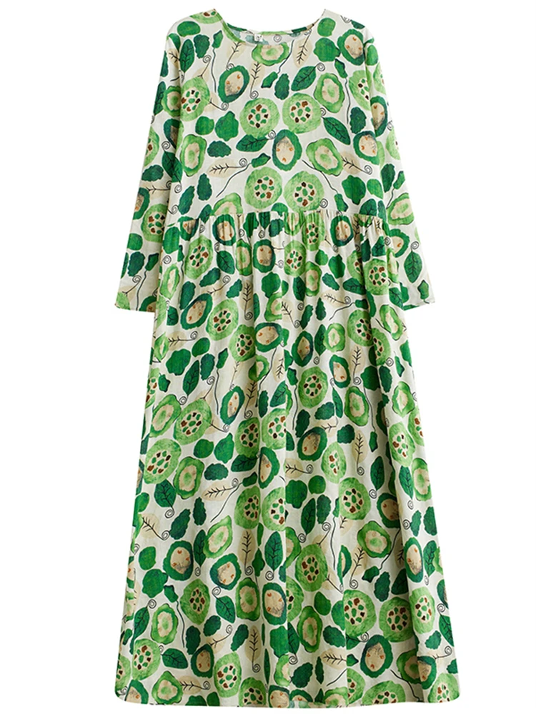 Cotton Vintage Long Green Print Dress Women 2025 New Spring Autumn Casual Loose Dresses Office Lady Femme Robe Vestidos Clothing