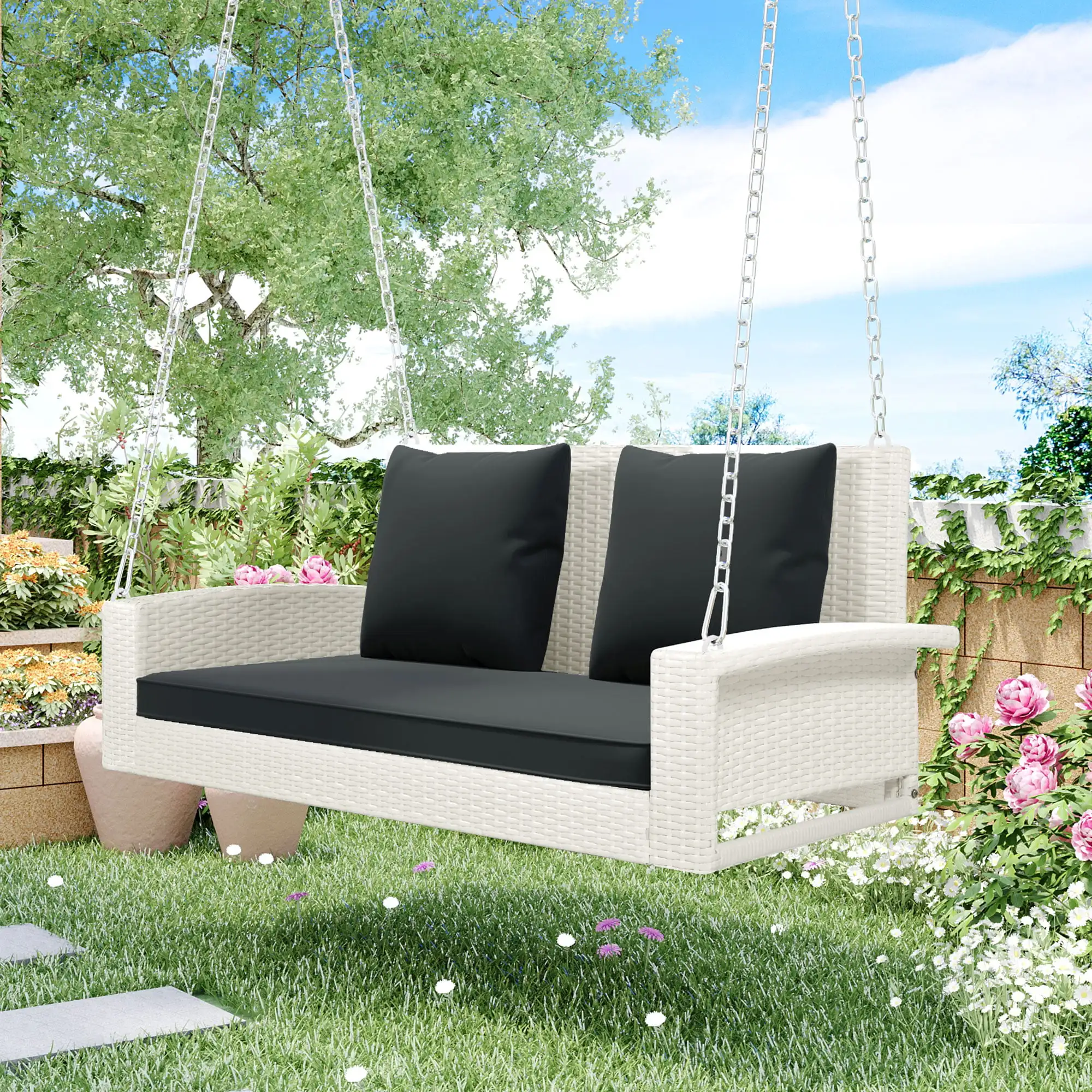 Outdoor Water-Resistant Porch Swings - Hanging Patio Bench with Chains and Pillow patio wicker sun lounger pe rattan foldable chaise lounger with removable cushion and bolster pillow