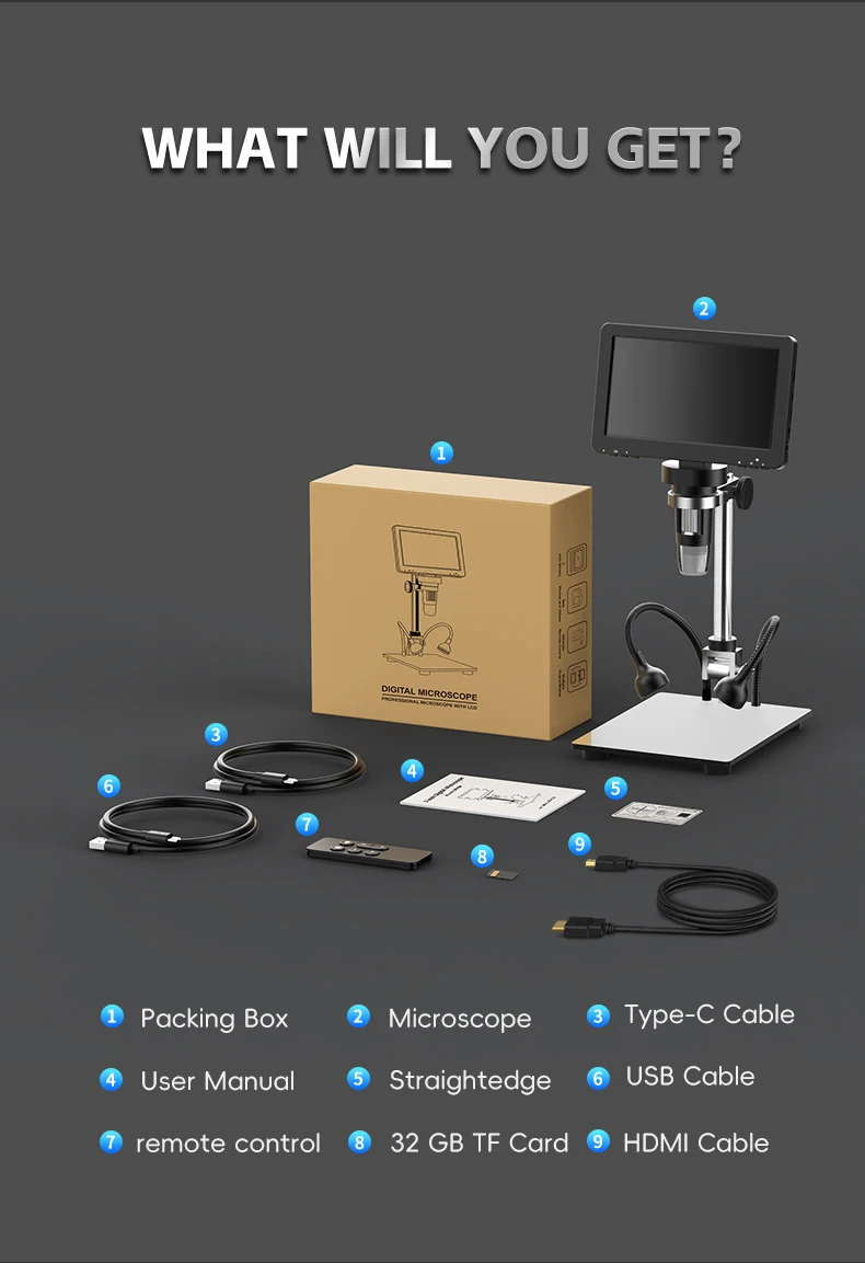 1200X HDMI Microscope with 7 inch IPS Screen 16MP Digital Microscope with 10 LED