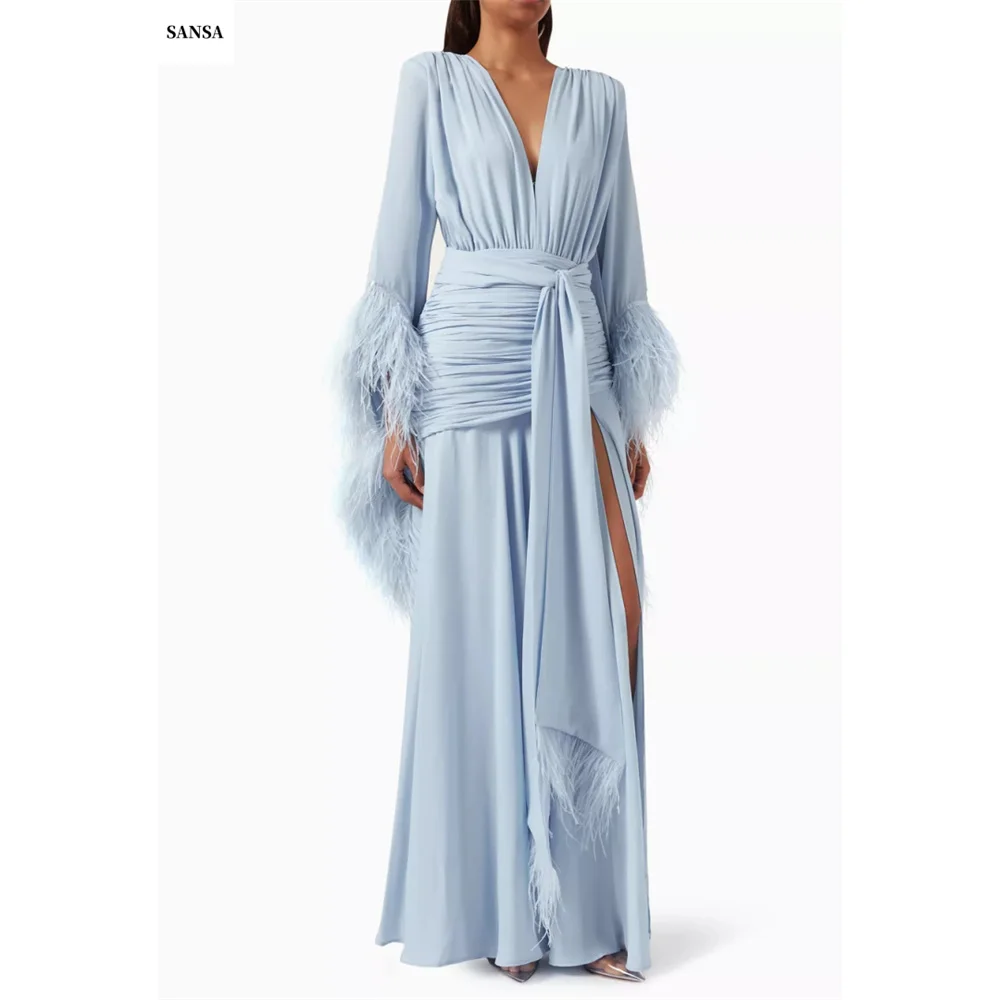 Sansa Customized V-neck Side High Slit A-line Prom Dresses Long Sleeve Elegant Evening Dresses Cascading Ruffle Party