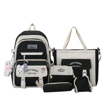 5 Pcs New Large Capacity Backpack Set Breathable Buckle Student Schoolbag Multifunctional Crossbody Bag College 1