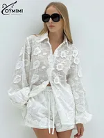Oymimi Summer White Cotton 2 Piece Sets Women Outfit Casual Jacquard Button Wrist Sleeve Shirts And High Waist Shorts Female Set - Image 2