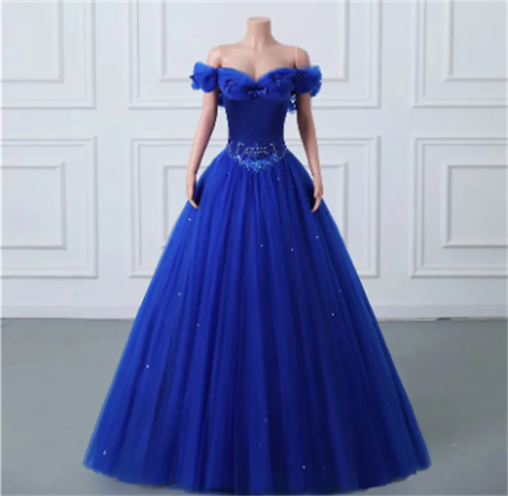 

Dreamy Royal Blue Party Dresses Off Shoulders Beads Sequins Ruffles Tulle Long Party Gowns Floor Length Robes De Soirée