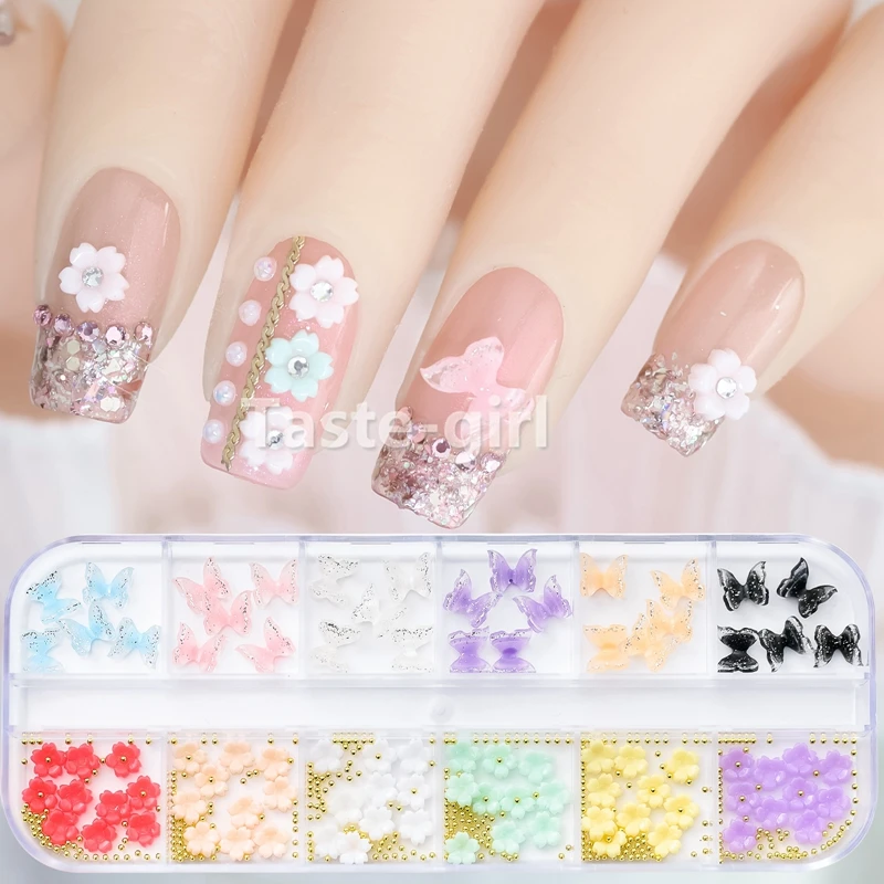 12 Grids 3D Nail Charms Rhinestones Bow Heart Nail Art Gems Decoration  Wedding