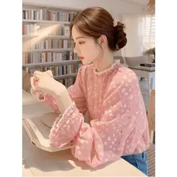Elegant Luxury Floral Chiffon Blouse for Women - Long Sleeve Fashion (Pink)