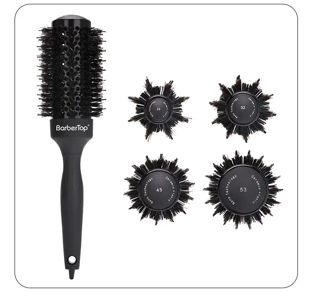 Neue Runde Rollbürste mit Wildschweinborsten, Hitzebeständige Lockenbürste, Glättbürste, Haarkamm, Friseur-Styling-Werkzeug – Detail 7
