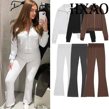 HXAO Women's Suits Flare Pants Sets 2 Piece Set Fleece Elastic Waist Trouser Suit Cropped Sweatshirts Jacket Two-Piece Set