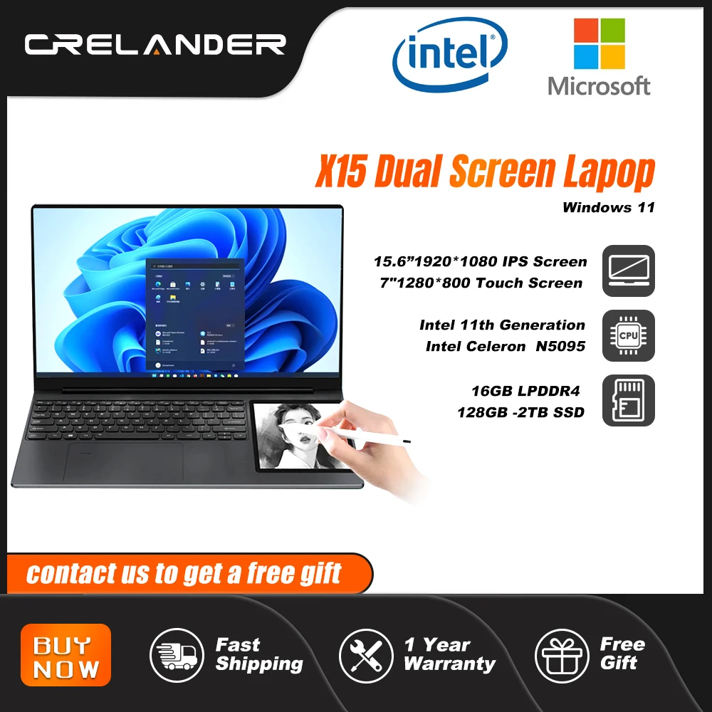 CRELANDER 15.6+7 Dual Screen Laptop Intel Celeron N5095 16GB DDR4 RGB Backlit Keyboard Computer Notebook Laptops Touch Screen