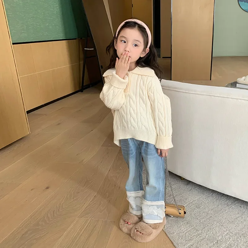 

Kids Girls Pullover Sweater Korean New Woolen Toddler Girls Children's Knitwear Jeans Outfit Set