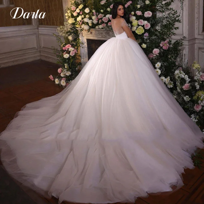 

Ball Gown Wedding Dress Luxury V-neck Pearl Beads Cap Sleeve Wedding Dresses For Bride 2023 Shiny Top Pleated Robe Custom Made