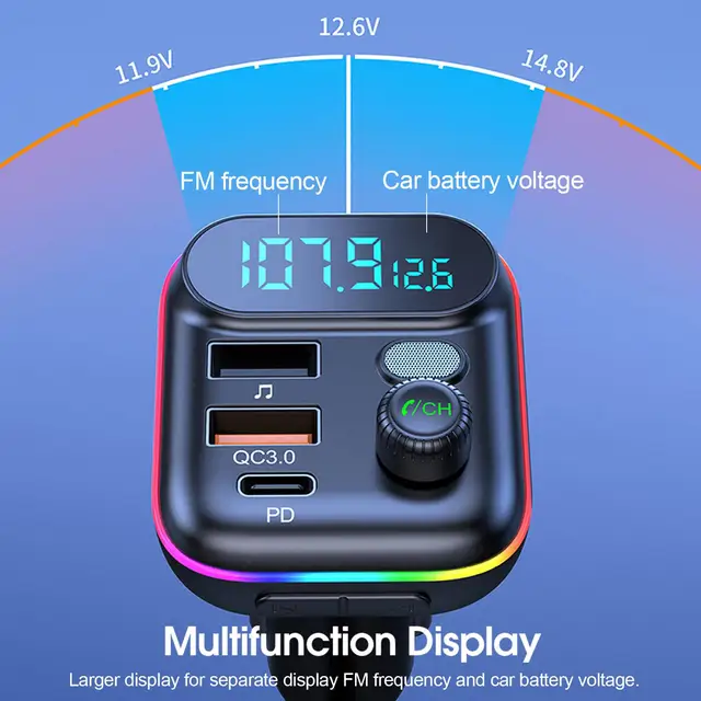 Car Bluetooth MP3 Player QC3.0 Fast Charging Wireless FM Radio Transmitter Music Playback Colorful Atmosphere Light Display 4