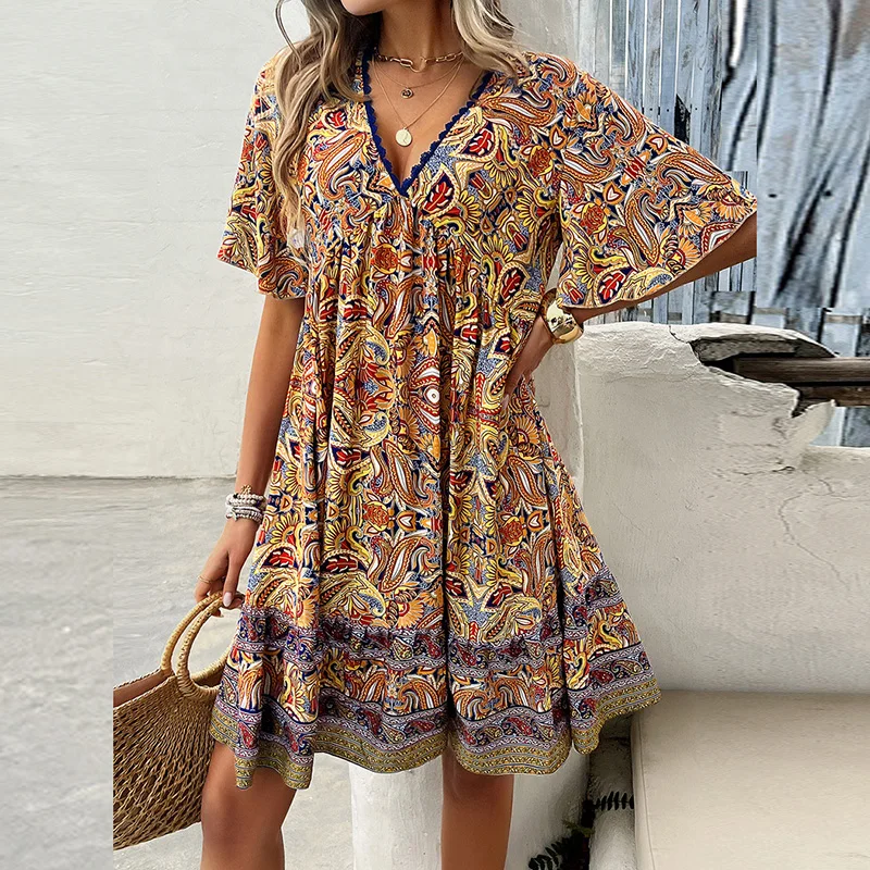 100% Polyester Dress For Women Women's Summer Boho Floral Sundress - V  Neck, Short Sleeve, Irregular Hem Midi Dress, Lightweight &  Wrinkle-Resistant