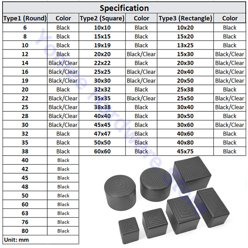 Pipe End Cap Round Black PVC Soft Rubber Sleeve Tube Cap Table Chair Foot Pad Protective Leg Cover 6-80mm