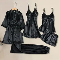 5 pièces nuit pyjamas ensemble Satin maison femmes chemise de nuit dentelle Robe sommeil costume Cami gilet Cardigan pantalon vêtements de nuit Robe Lingerie 6