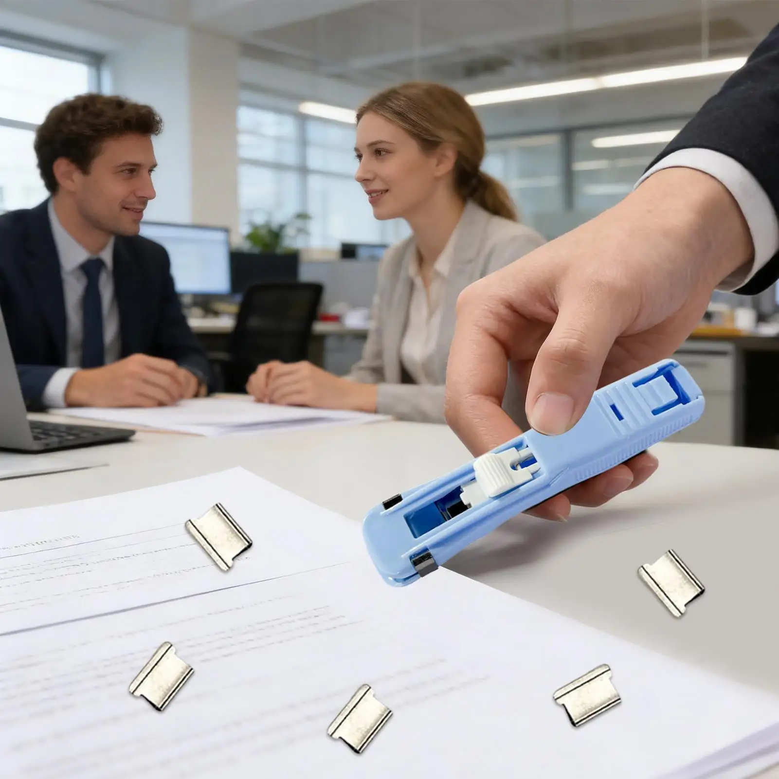 클립 스테이플러 45매 용량 종이 클립 디스펜서(50개 금속 리필 포함) 교사 학생용 데스크탑 재사용 가능 휴대용 스테이플러