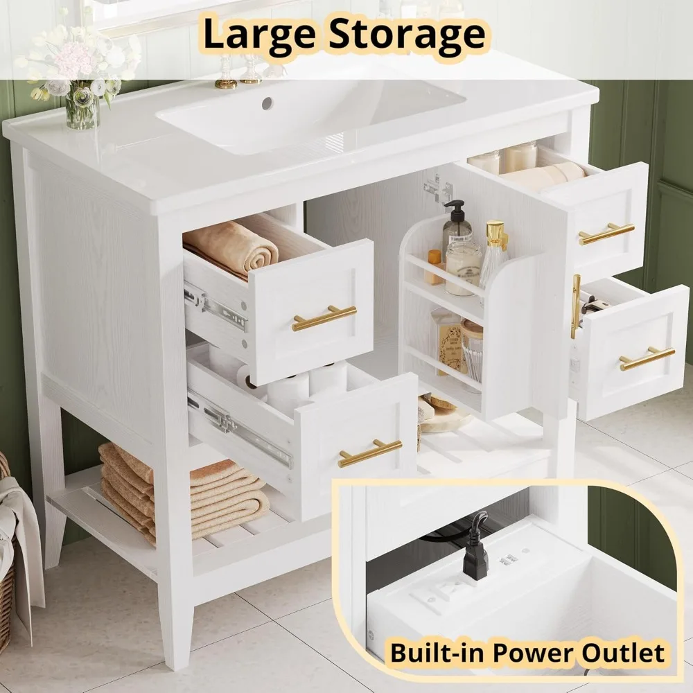 Bathroom Vanity with Sink,36"Modern Undermount Bathroom Sink Cabinet with 4 Drawers&Open Shelf,Vanity Sink with Charging Station 4