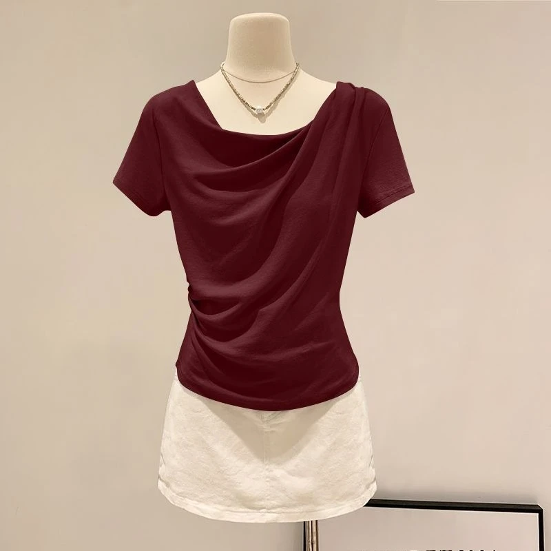 Summer Off Shoulder Top Women Summer Fashion Versatile Base Shirt Plus Size Slim Fit Short-sleeved T-shirt Casual and Sexy Beach 2